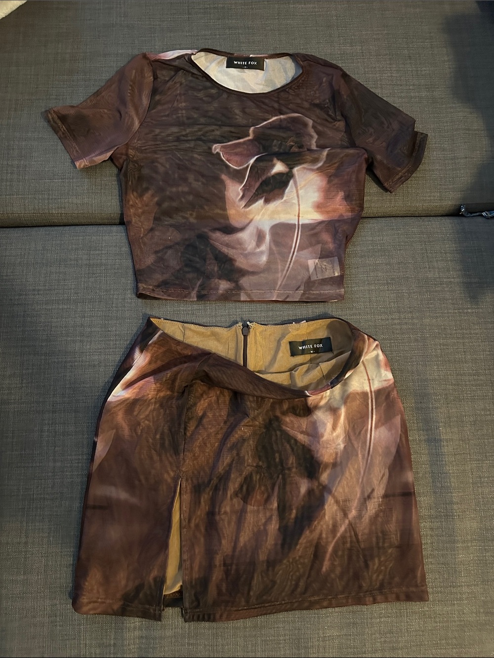 White Fox Boutique Brown Floral Mesh Mini Skirt Set. Top S skirt M